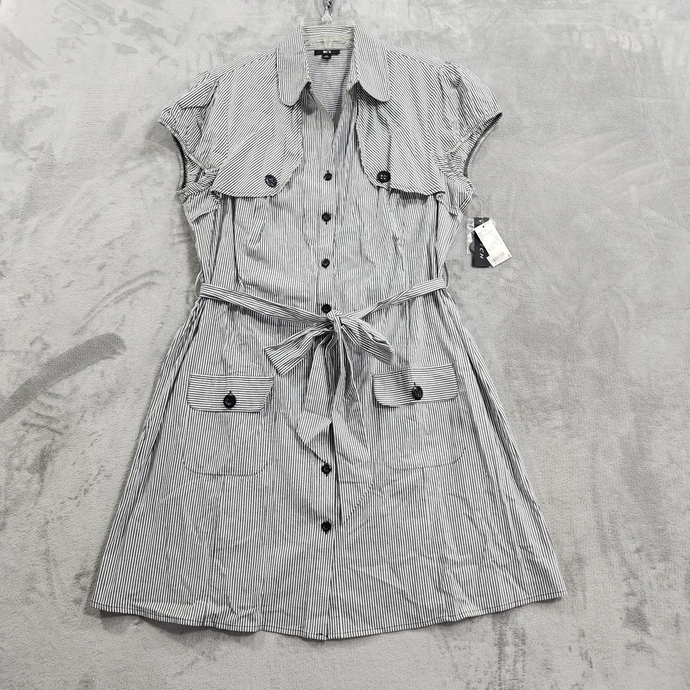 NEW BCX Dress Womens 1X White Black Striped Short Sleeve Belted Shirt Casual